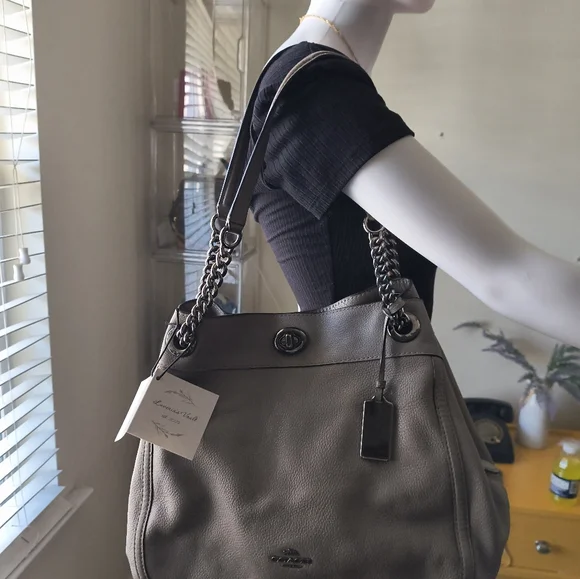 Coach Taupe Grey Madison Phoebe Pebbled Leather Chain Large Shoulder Bag - Picture 2 of 14